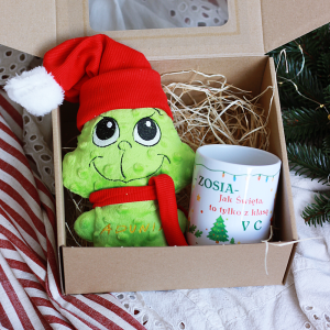 Zestaw Grinch/ kubek z nadrukiem personalizacja Jak Święta to tylko z klasą/ maskotka Grinch/ eco box - prezent Mikołajki/ Święta Bożego Narodzenia 