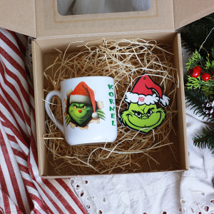 Zestaw Grinch/ bombka na choinkę, zawieszka Grinch/ kubek z nadrukiem Grinch, personalizacja/ eco box - prezent Mikołajki/ Święta Bożego Narodzenia