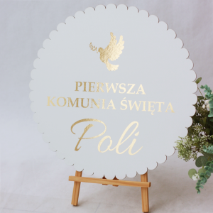 I Komunia Święta- dekoracja, ozdoba, koło napis naklejka złote lustro