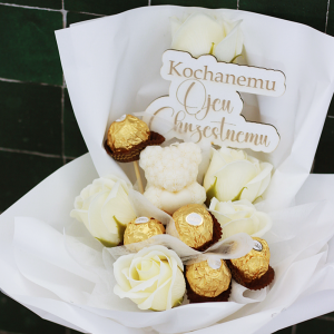 Podziękowanie dla Matki, Ojca Chrzestnego, dla Babci, Dziadka, Dziadków, Rodziców bukiet Ferrero Rocher, róże mydlane, misiu świeczka sojowa - wyjątkowe podziękowanie I Komunia Święta, Chrzest Święty, Ślub
