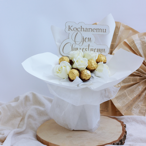 Podziękowanie dla Matki, Ojca Chrzestnego, dla Babci, Dziadka, Dziadków, Rodziców bukiet Ferrero Rocher, róże mydlane, biały koszyczek, anioł świeczka sojowa - wyjątkowe podziękowanie I Komunia Święta, Chrzest Święty, Ślub