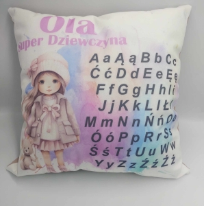 Poduszka personalizowana z alfabetem, nadruk, laleczka, dziewczynka - prezent Dzień Dziecka/ Dzień Kobiet 