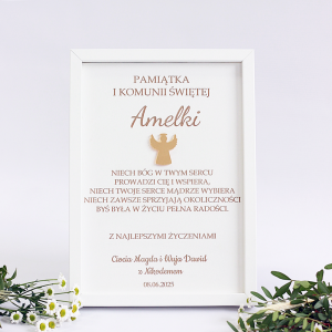 I Komunia Święta pamiątka – ramka z aniołkiem z lustrzanej pleksi, personalizowana